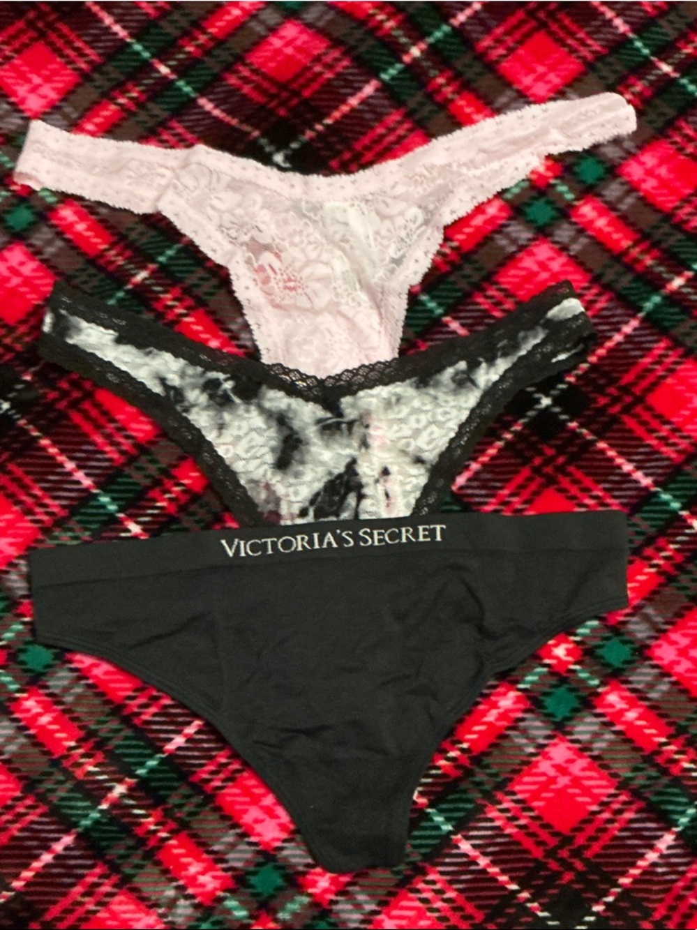 Victoria's Secret Three-Pack Thongs - Black, Light Pink, Gray/Black